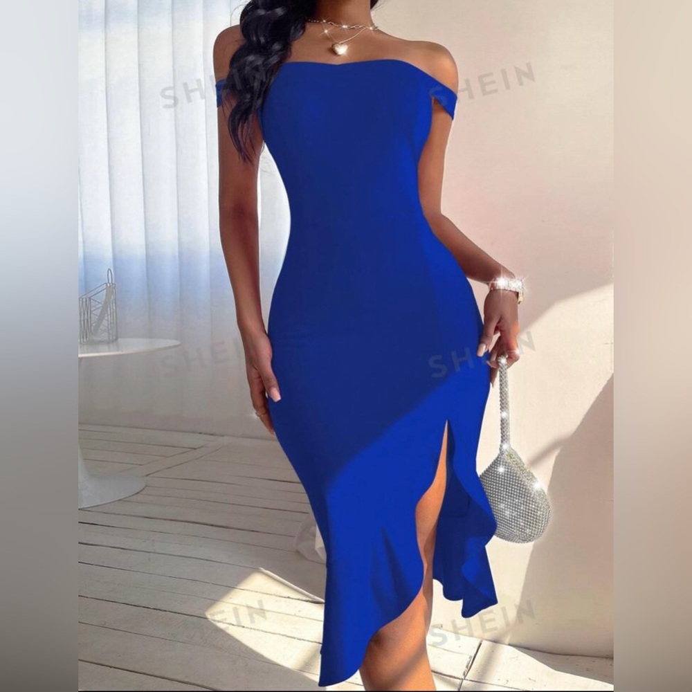 SHEIN BAE Bardot Split Thigh Ruffle Hem Bodycon Dress, Blue, Size Small